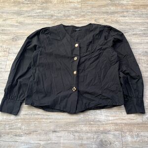 Miss Hong Made in Korea Blouse Button Up Black Cotton Formal Work Attire Medium